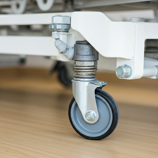 Close-up detail of hospital bed wheels and braking system showcasing mechanical precision