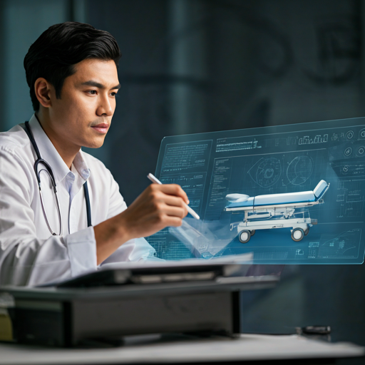 Professional medical engineer working on a digital blueprint of a medical bed system